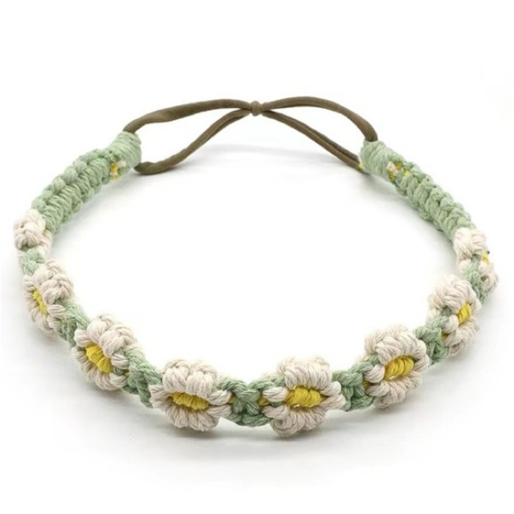 Crochet flower pattern elastic head wrap/ headband Cream and Sage